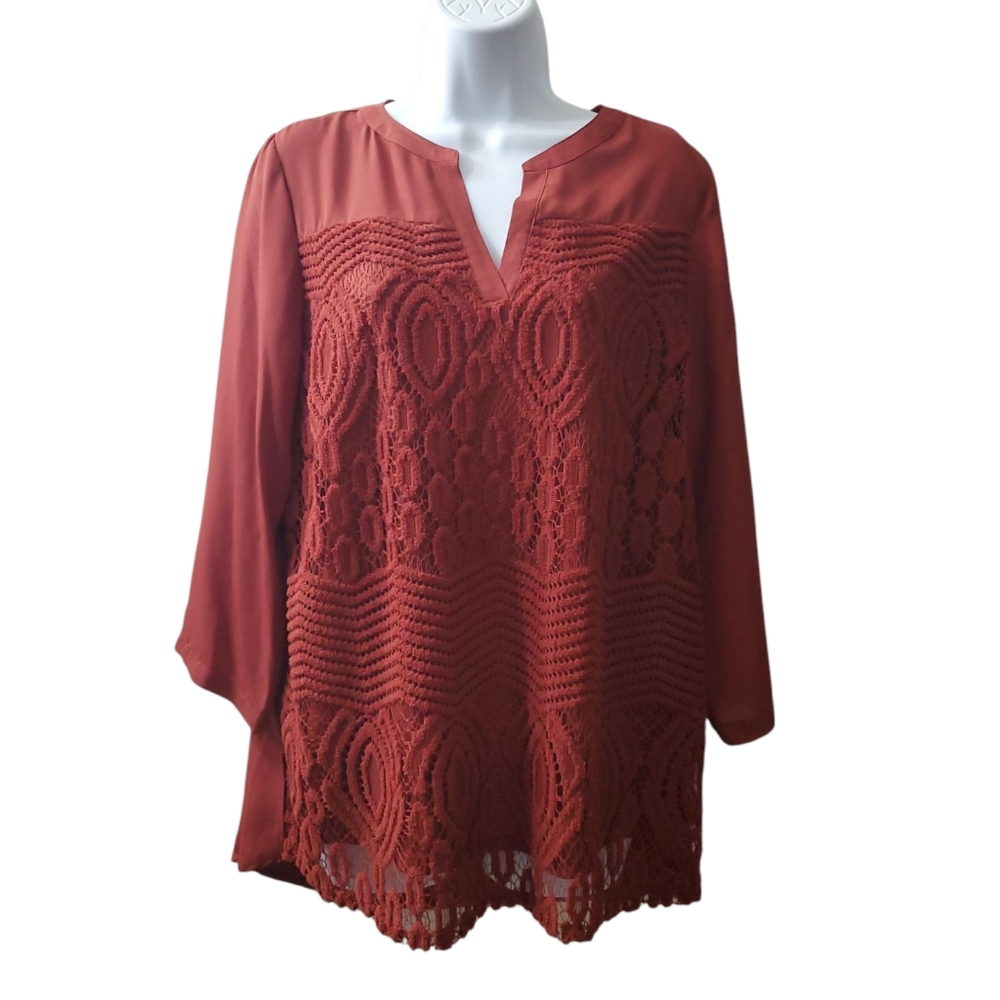 Valerie Stevens Womens Burnt Orange Rust Colored 3/4 Lace Blouse